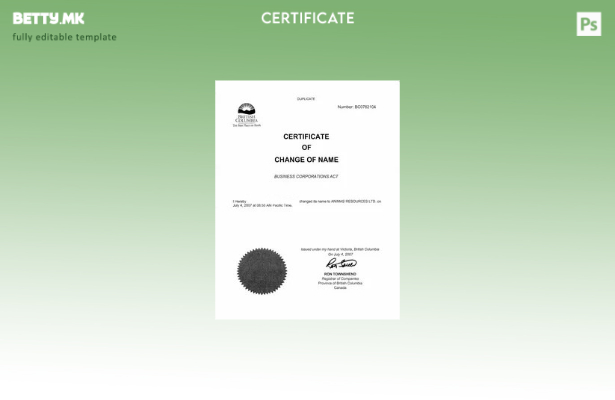 модерен стил Канада Британска Колумбија Шаблон на потврда за промена на името